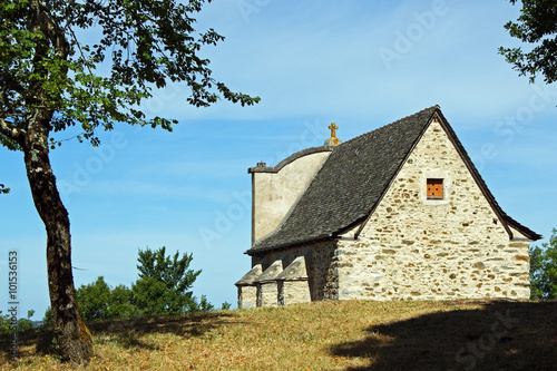 Chapelle isolée près d'un arbre sur une colline sur fond de ciel bleu