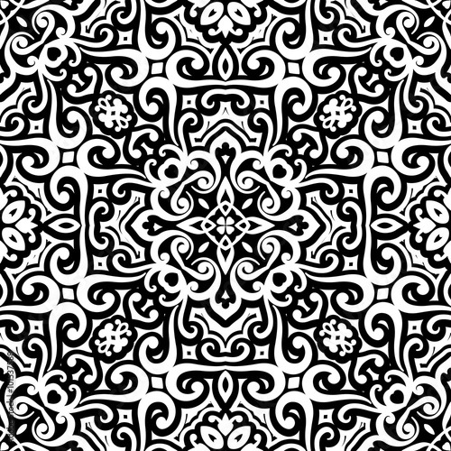 Black and white curly ornament, seamless pattern