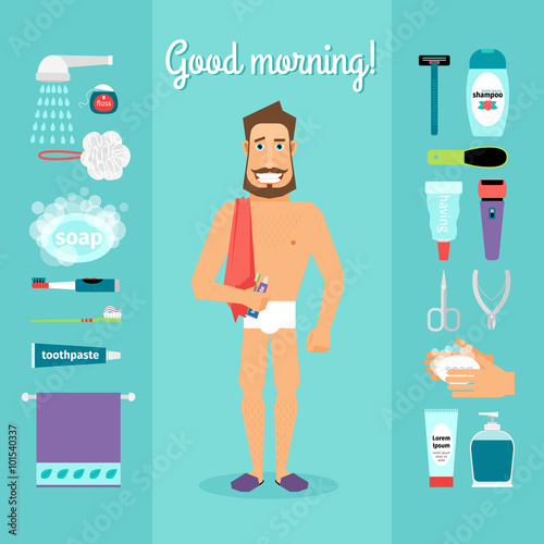 Man and necessary for the morning hygiene items