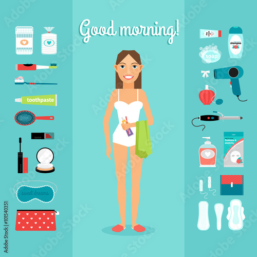 Women and necessary for morning hygiene items