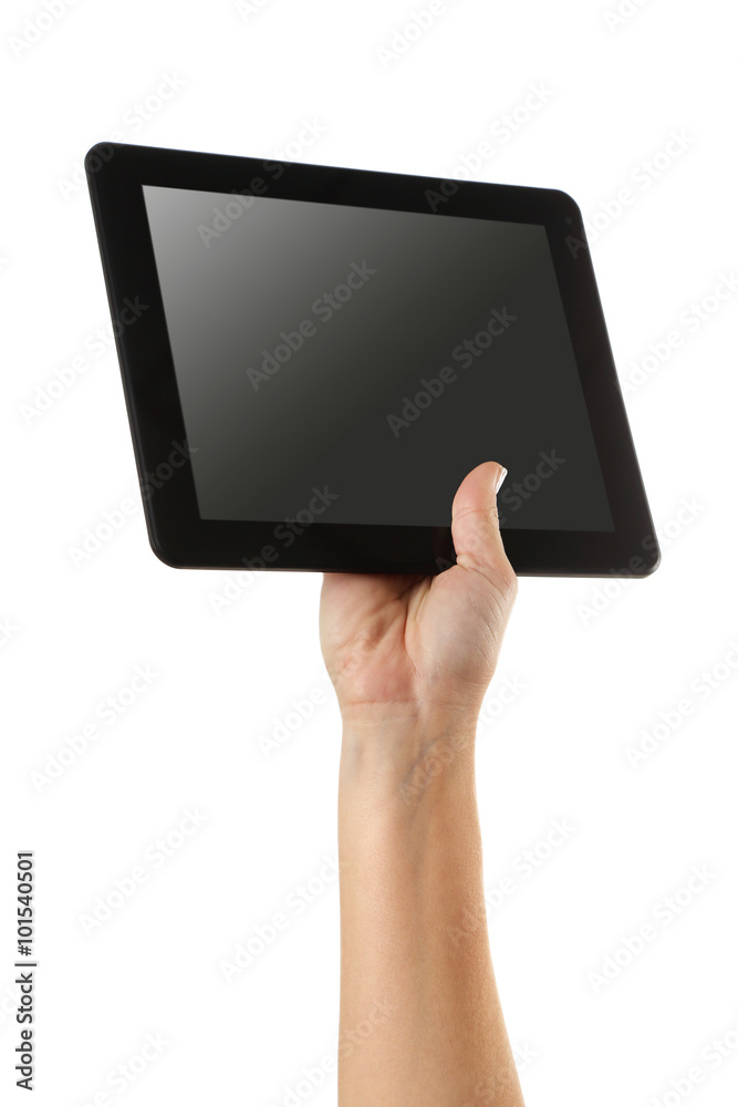 Black tablet in hands isolated on white background Black tablet in hands isolated on white background