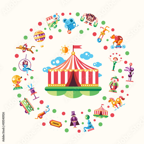Circus, carnival icons and infographic elements postcard