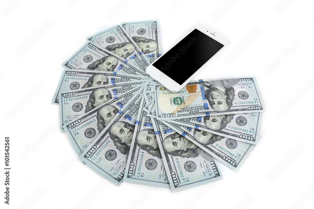 Smart phone with dollar banknotes, isolated on white. Internet earning concept Smart phone with dollar banknotes, isolated on white. Internet earning concept