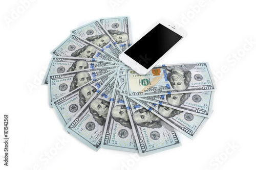Smart phone with dollar banknotes, isolated on white. Internet earning concept