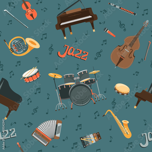 Seamless pattern with strings, keyboards ,brass, percussion musical instruments 