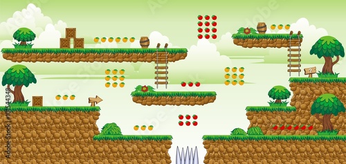 Tile set Platform for Game - A set of layered vector game asset, 
contains backgorund, ground tiles and several items / objects / decorations,
used for creating mobile games

