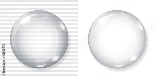 Big transparent glass sphere and opaque white sphere with glares and shadow. Transparency only in vector file photo