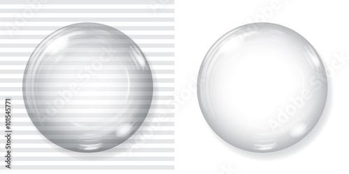 Big transparent glass sphere and opaque white sphere with glares and shadow. Transparency only in vector file