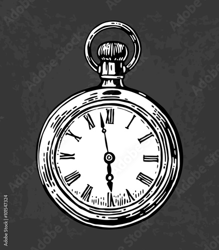 Antique pocket watch. Vector vintage engraved illustration. Black on white background.