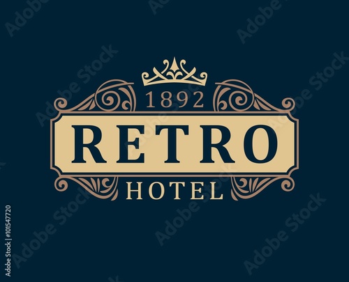 Retro Hotel. Luxury Logo template calligraphic ornament lines. Business sign, identity for Restaurant, Royalty, Boutique, Cafe, Hotel, Heraldic, Jewelry, Fashion and other vector illustration