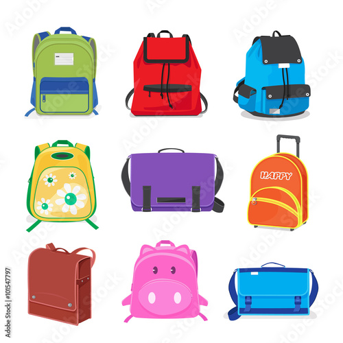 set of kids school bags isolated 