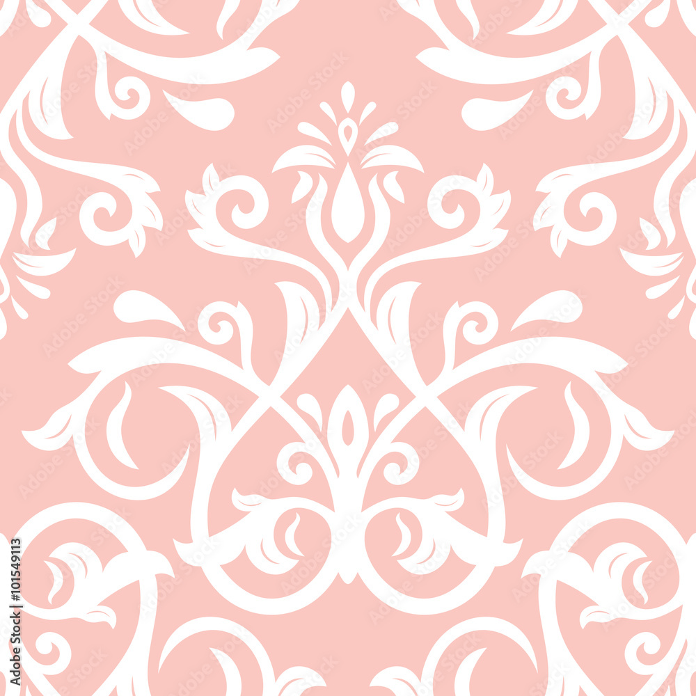 Seamless wallpaper in the style of baroque. Traditional vector pink and white pattern. Classic oriental background Seamless wallpaper in the style of baroque. Traditional vector pink and white pattern. Classic oriental background