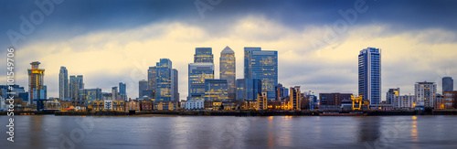 Panoramic skyline of Canary Wharf, the worlds leading financial district at blue hour - London, UK photo