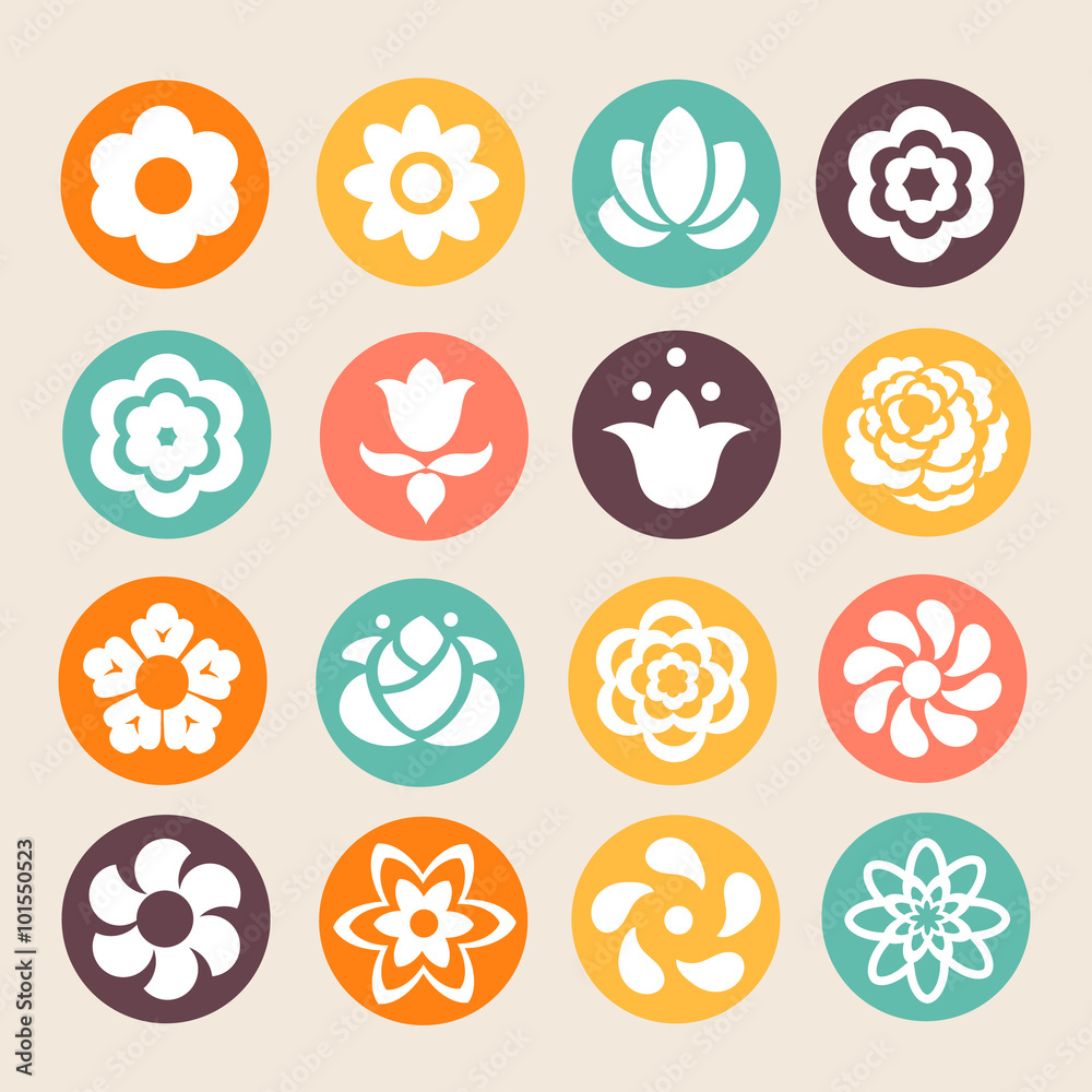 set of colorful flowers circle icons