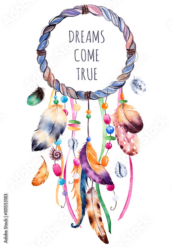 Hand drawn illustration of dreamcatcher.Ethnic illustration with native American Indian watercolor dreamcatcher.Boho style.Template card.Parfect for greeting cards,print,diy projects,blogs.thanks card