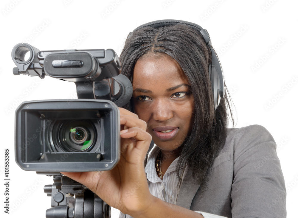 Naklejka premium young African American women with professional video camera and