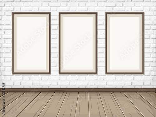 Vector show room with white brick wall  wooden floor and blank picture frames.