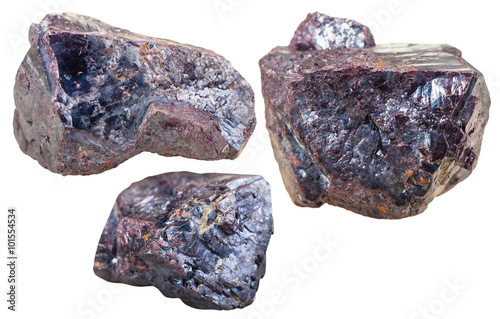 three Cuprite mineral gem stones isolated