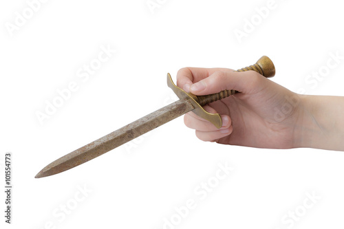 Woman hand with old dagger on white background