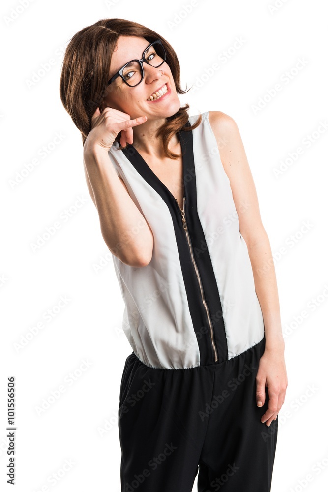 Brunette woman making phone gesture Brunette woman making phone gesture