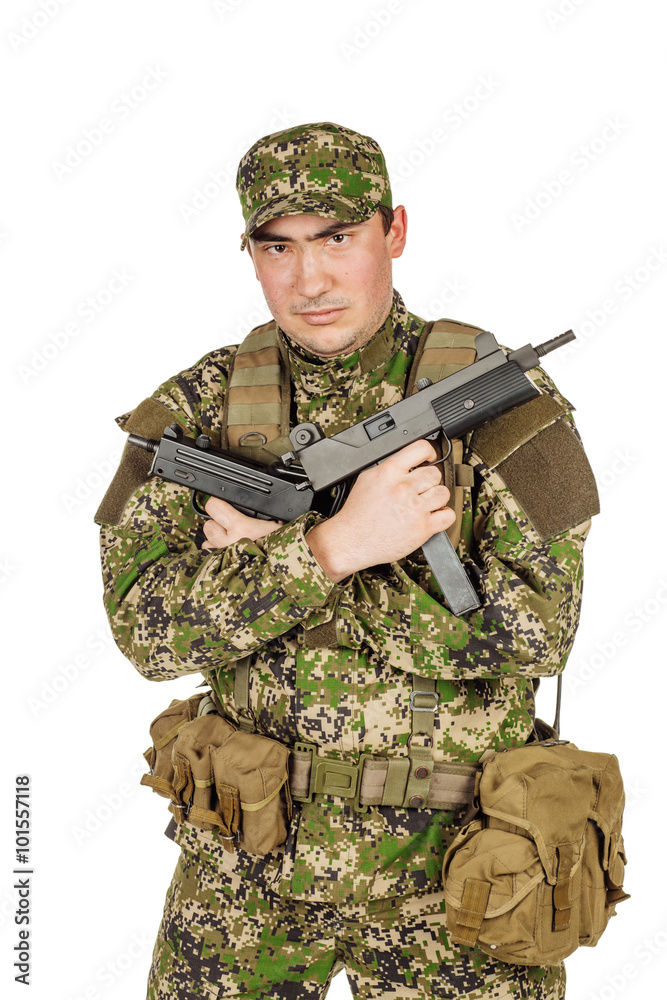 Portrait Private Military Contractor aiming handgun. 