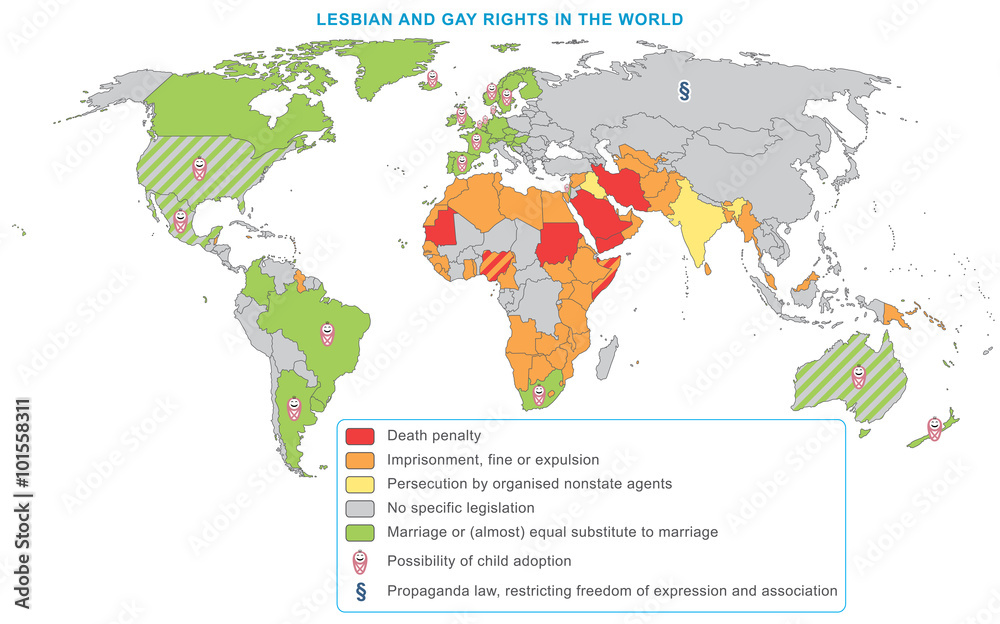 Lesbian and gay rights in the world, 2014. Fully editable vector map and graphics.