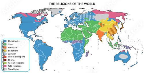 Religions of the world on map. Fully editable vector graphics.