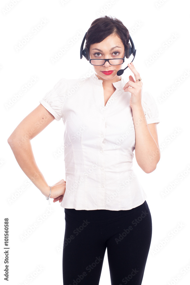 Beautiful young call-center assistant smiling , isolated on white Beautiful young call-center assistant smiling , isolated on white