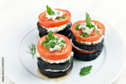 Eggplant, tomato and curd cheese appetizers