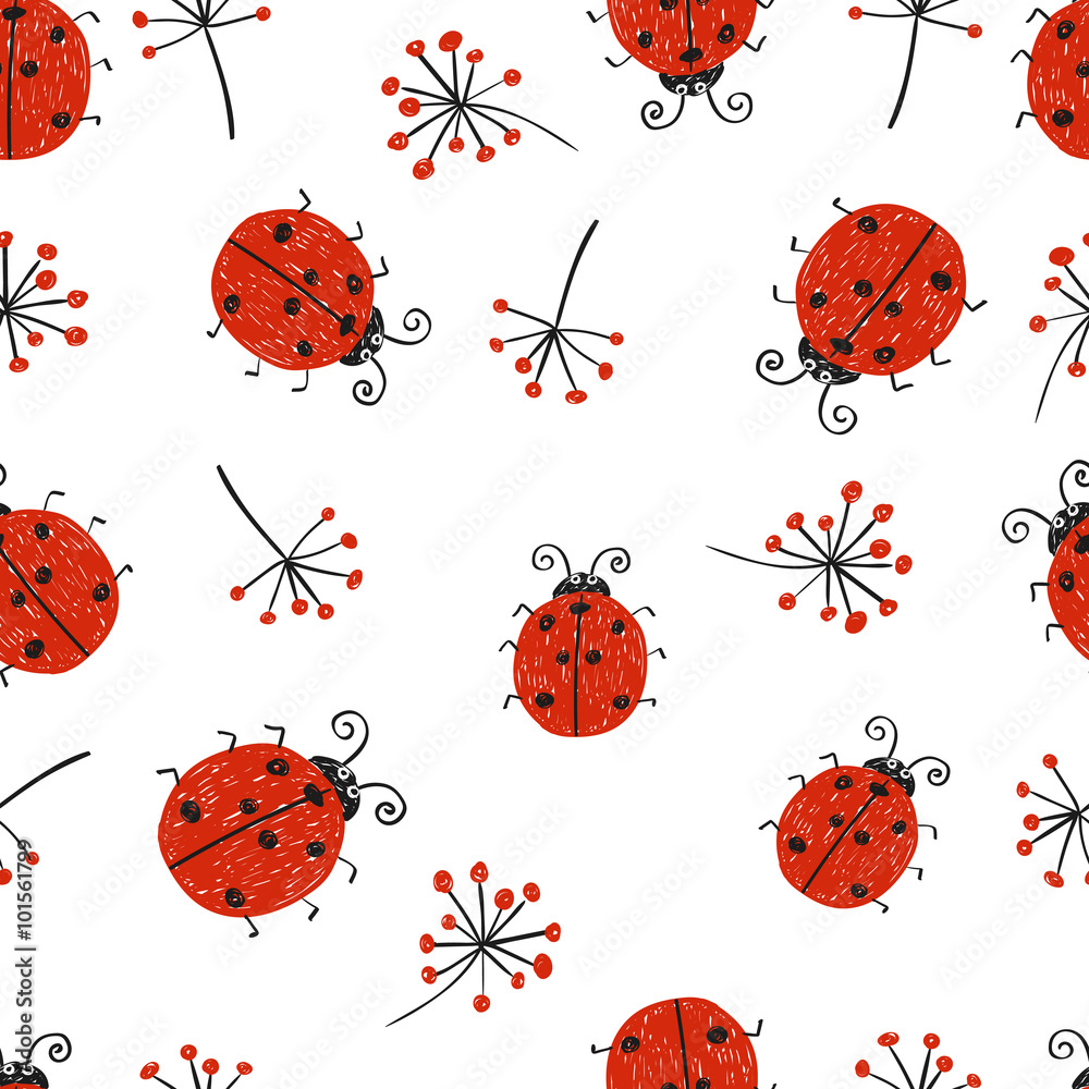 Naklejka premium Ladybugs seamless pattern. Vector repeating wallpaper with cute doodle ladybirds. 