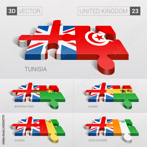 USA and Tunisia, Burkina Faso, Ghana, Guinea, Cote d'Ivoire Flag. 3d vector puzzle. Set 23.