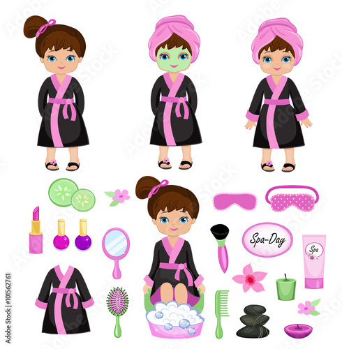 Girl in a black robe takes spa treatments.Vector illustration isolated on white background.