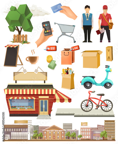 Shop, low poly vector icon set