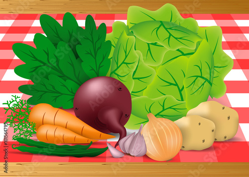 Vegetables on the board for the preparation of a dish or salad garjachego