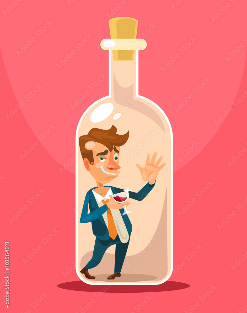 Fotografie Drunk businessman in bottle. Vector flat illustration