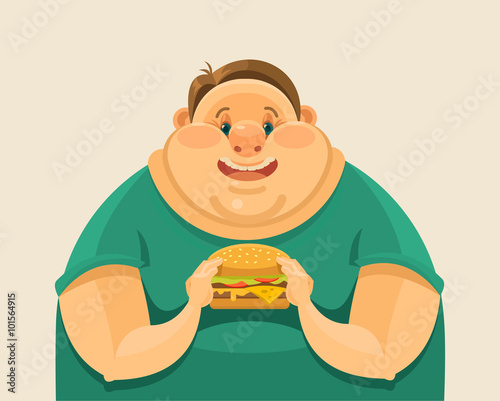 Fat man eating a big hamburger. Vector flat illustration