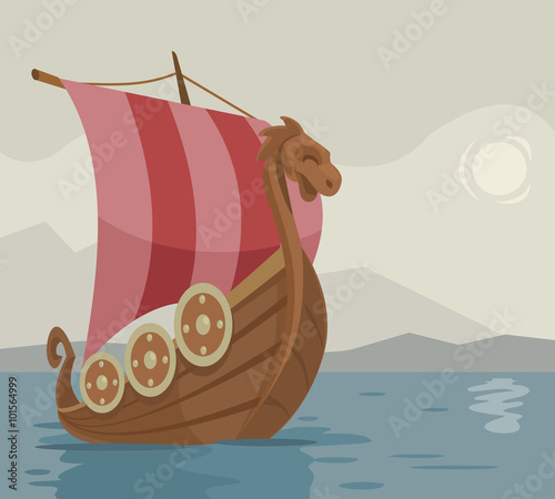  Viking ship. Vector cartoon illustration