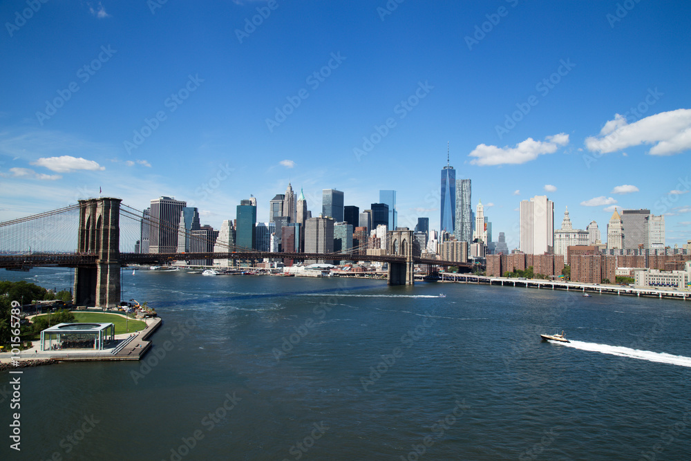 Aerial view of New York City Downtown Skyline with Brooklyn Bridge