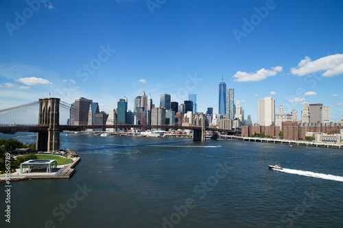 Aerial view of New York City Downtown Skyline with Brooklyn Bridge