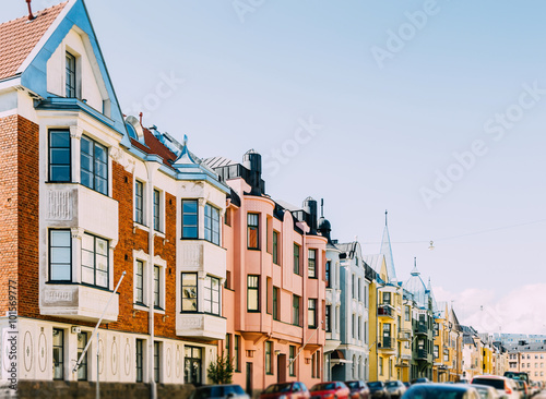 street of coloured houses on a Sunny day in Helsinki