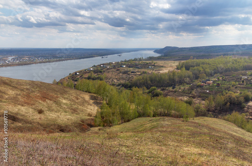 Spring landscape in the hills on the bank of the river to the village. Kama River, the village Sentyak, Nizhnekamsk district Tatarstan