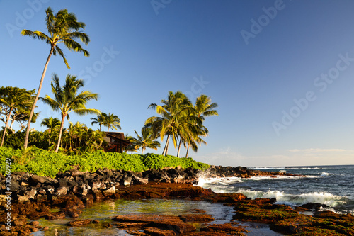 Stunning evening shot of a beach section of Lawai Beach near Poipu on the island of Kauai, Hawaii with palm trees and a beach house at the oceanfront. Poipu is one of the touristic centers of Kauai photo