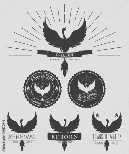vector set of phoenix symbol vintage  logos, emblems, silhouettes and design elements. Symbolic and mystical logos with grunge textures