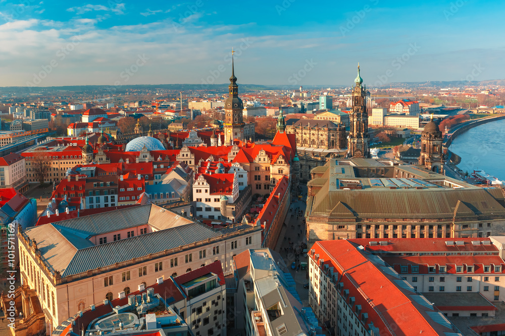 Obraz premium Aerial view over Hofkirche, Royal Palace and roofs of old Dresden, Saxony, Germany