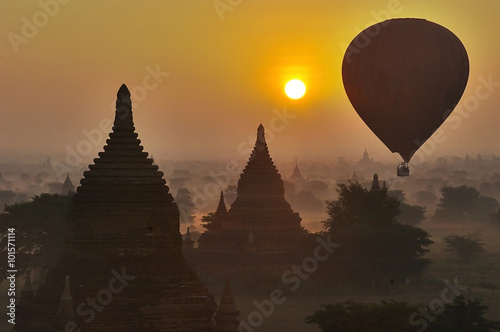 Temples of Bagan with hot air balloon. Myanmar (Burma).