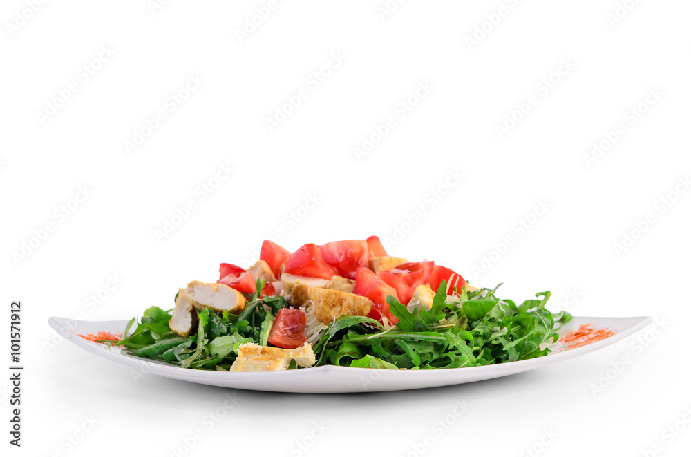 Salad with chicken, cheese, rucole and tomato - Isolated on white