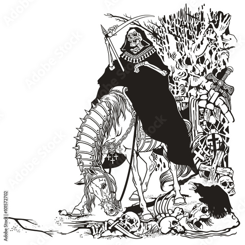 grim reaper sitting on a horse in old cemetery 