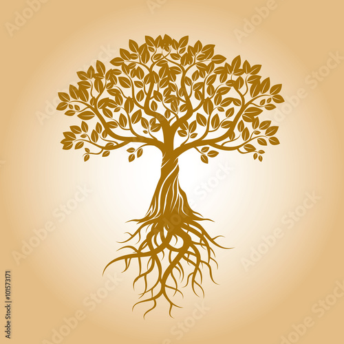 Golden Tree and Roots. Vector Illustration.