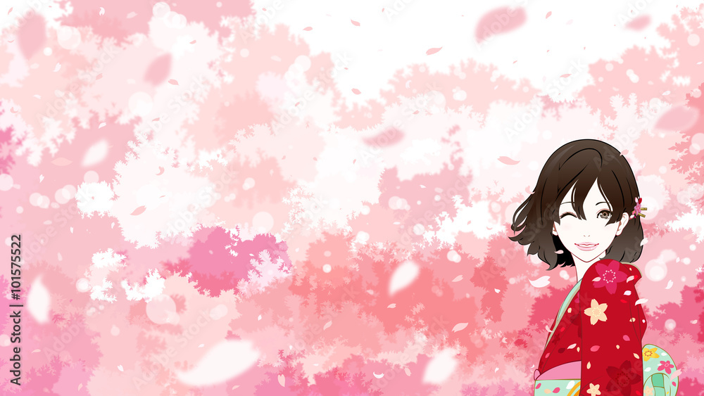 Fototapeta premium 着物の女性と桜 ウインク