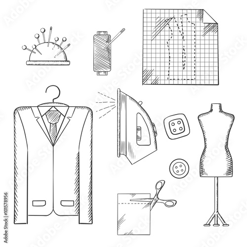 Tailor tools and accessories sketches set